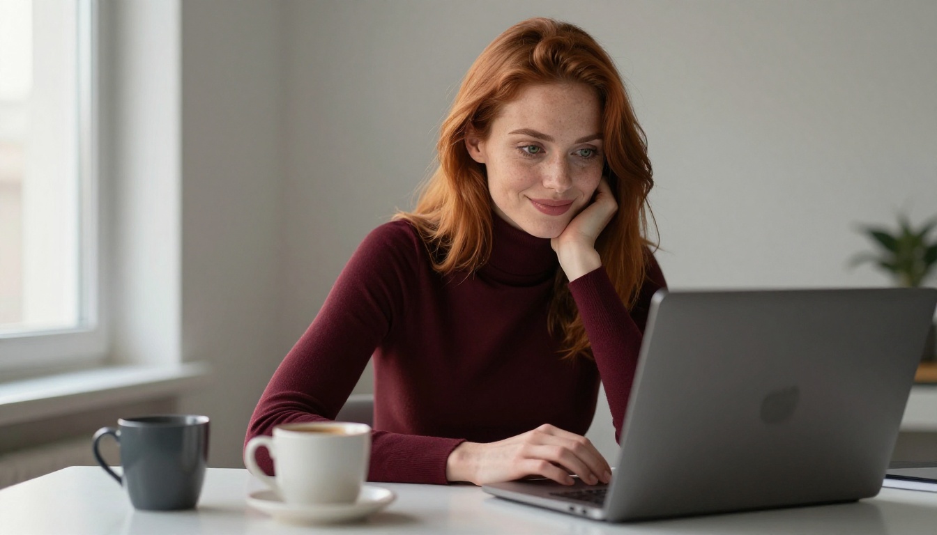 European woman with auburn hair engaged at her laptop, warm afternoon light