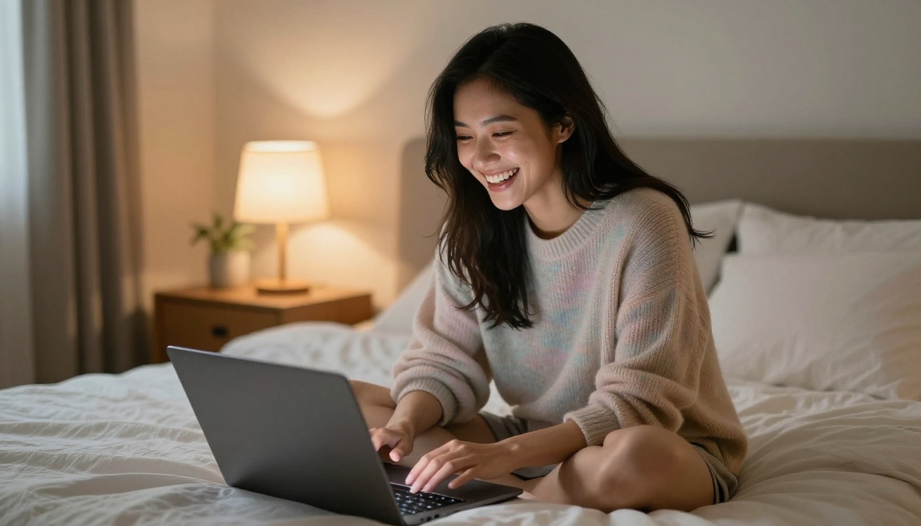 Beautiful Asian woman laughing genuinely at her laptop, plush white bedroom, warm amber bedside light