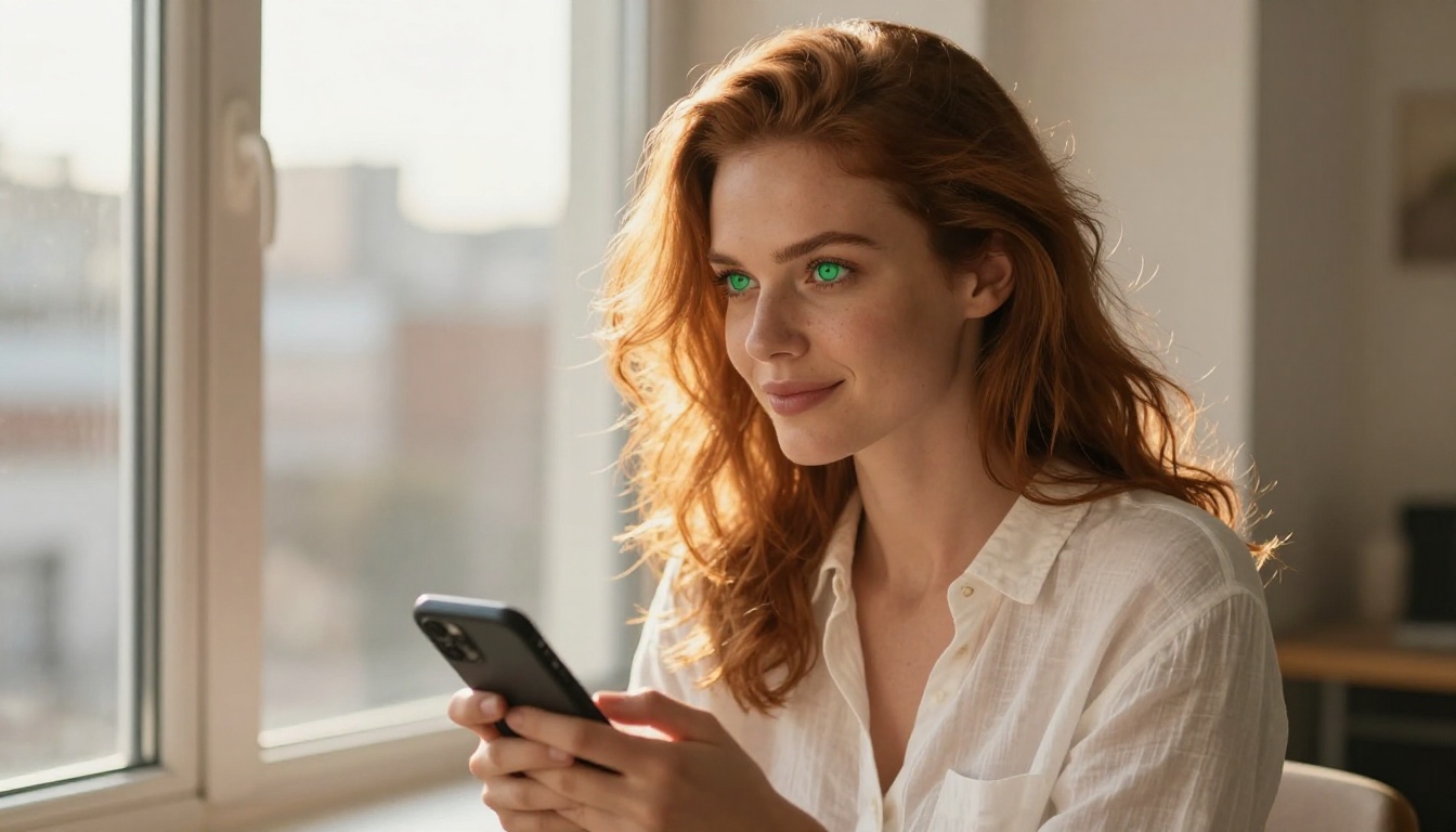 Woman looking thoughtfully at her phone by a sunlit window, auburn hair, golden afternoon light