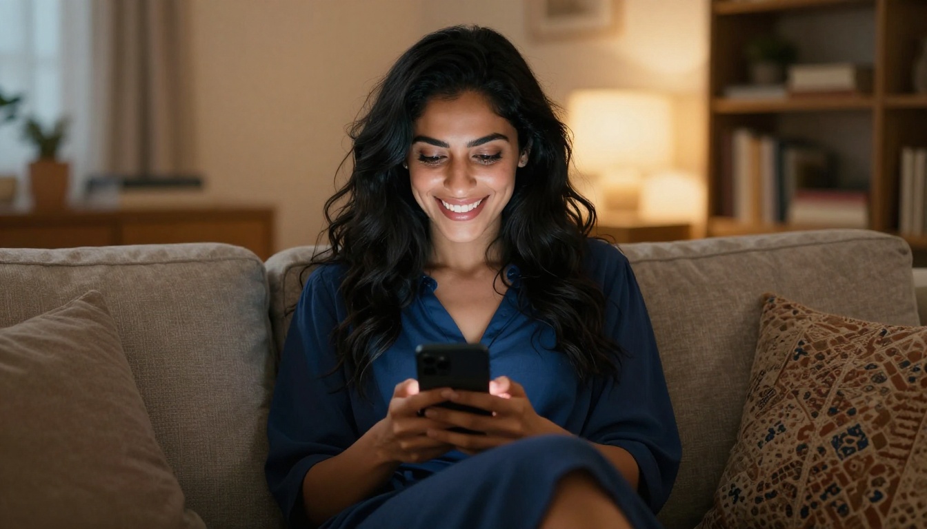 Beautiful Middle Eastern woman relaxing on a sofa, chatting on her phone with a radiant warm smile