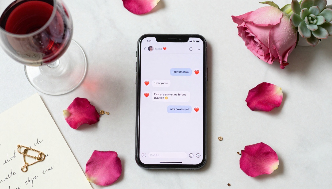Overhead flat-lay of phone with chat, rose petals, and wine glass on marble