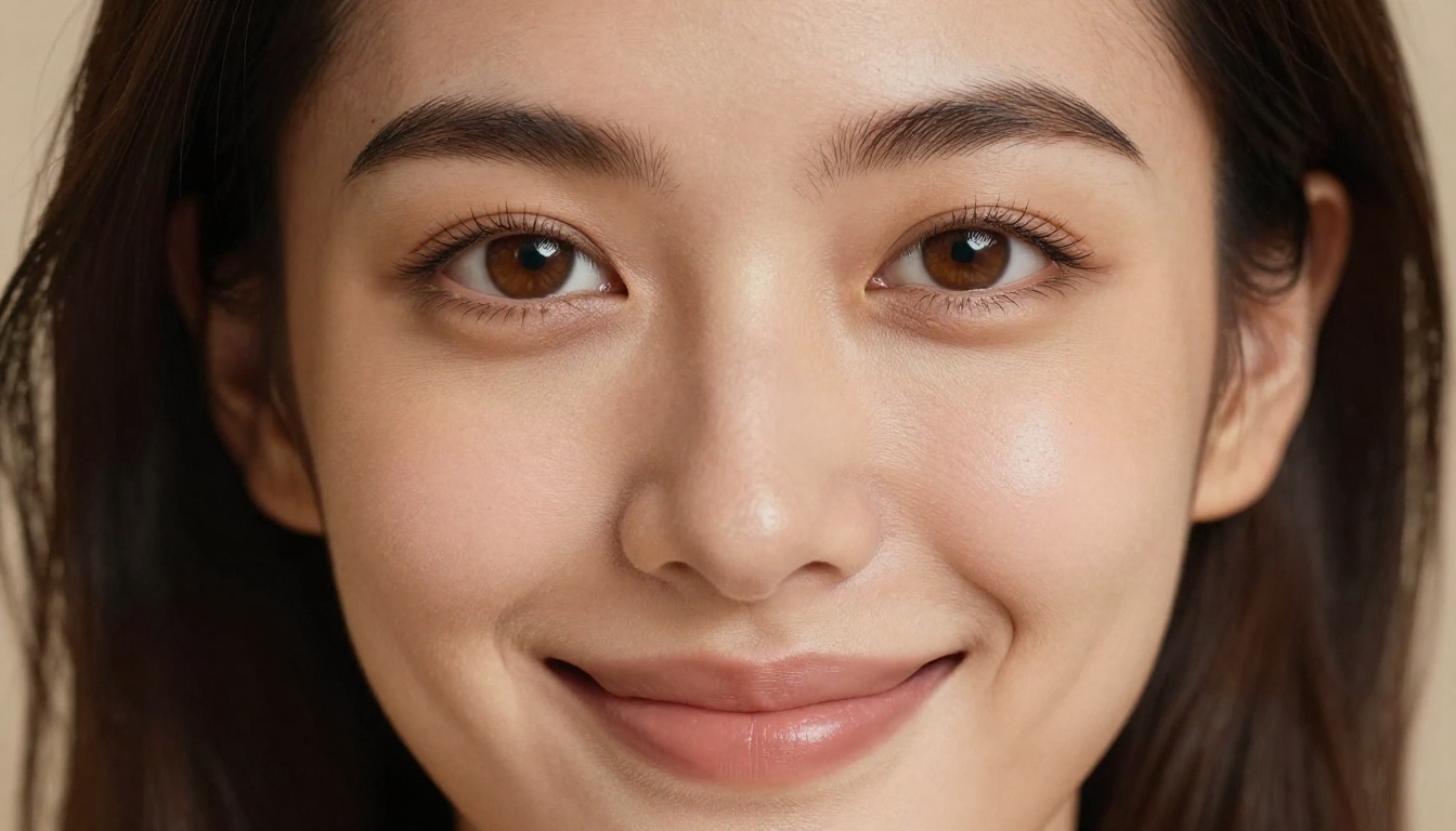 Close-up beauty portrait of a woman with warm brown eyes and a soft confident smile, natural skin detail