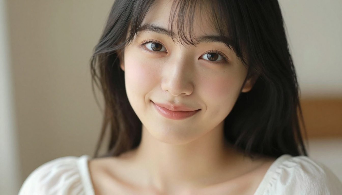 Japanese woman portrait with warm Rembrandt light, direct eye contact