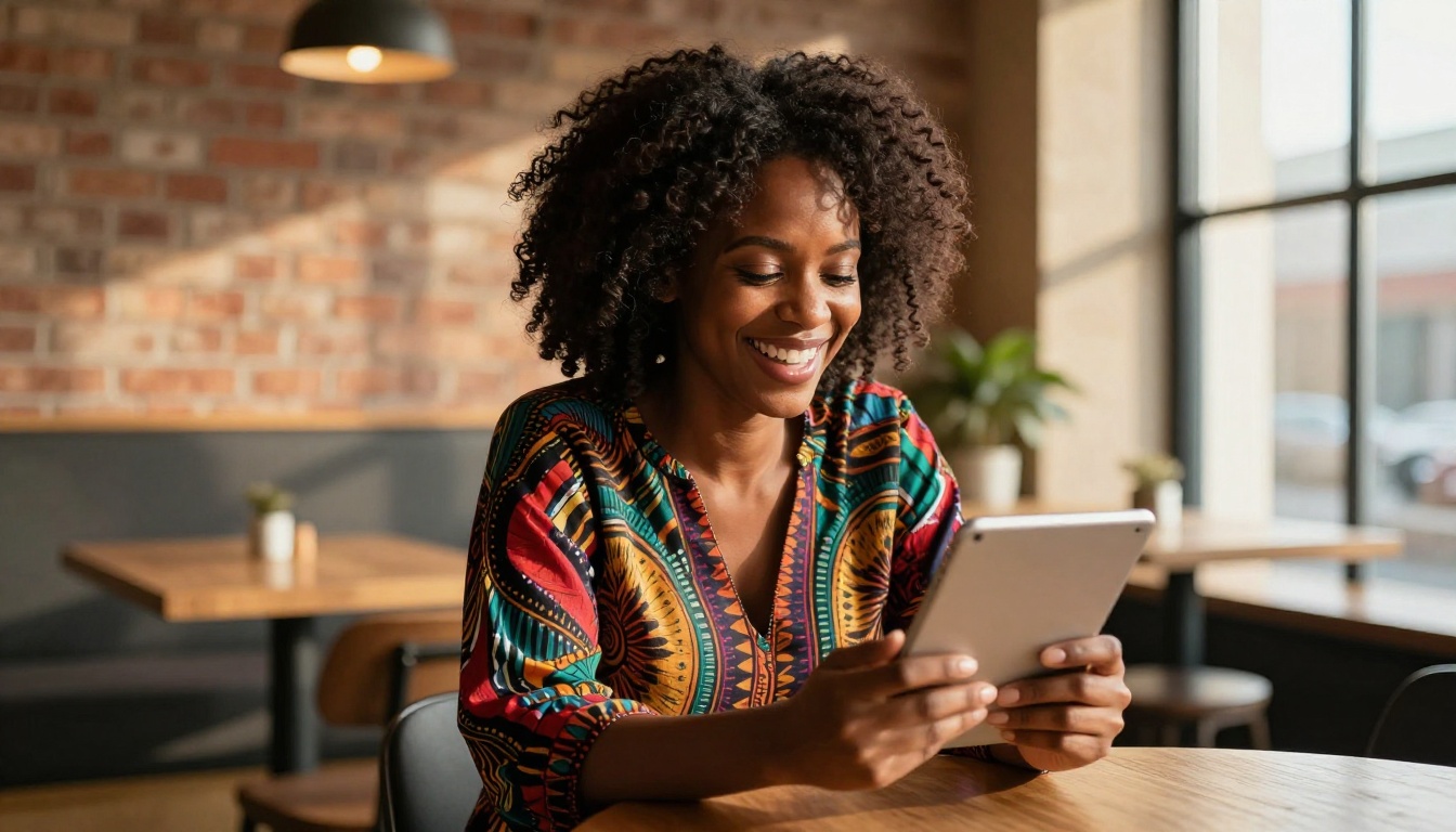 African American woman laughing with pure joy at her tablet, modern minimalist cafe, warm morning light
