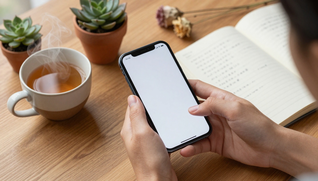 Aerial flat-lay of hands holding a smartphone, ceramic tea cup, succulent, and notebook on warm wood