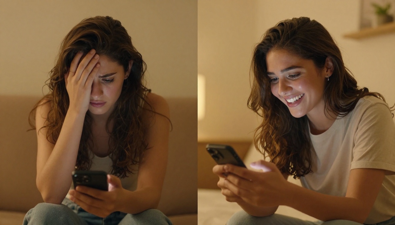 Two women side by side: one frustrated scrolling a dating app, one happily engaged with an AI companion