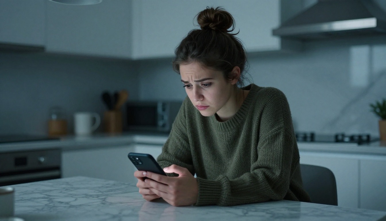 A woman scrolling a dating app with tired eyes at a kitchen island, cool evening light, candid documentary photography