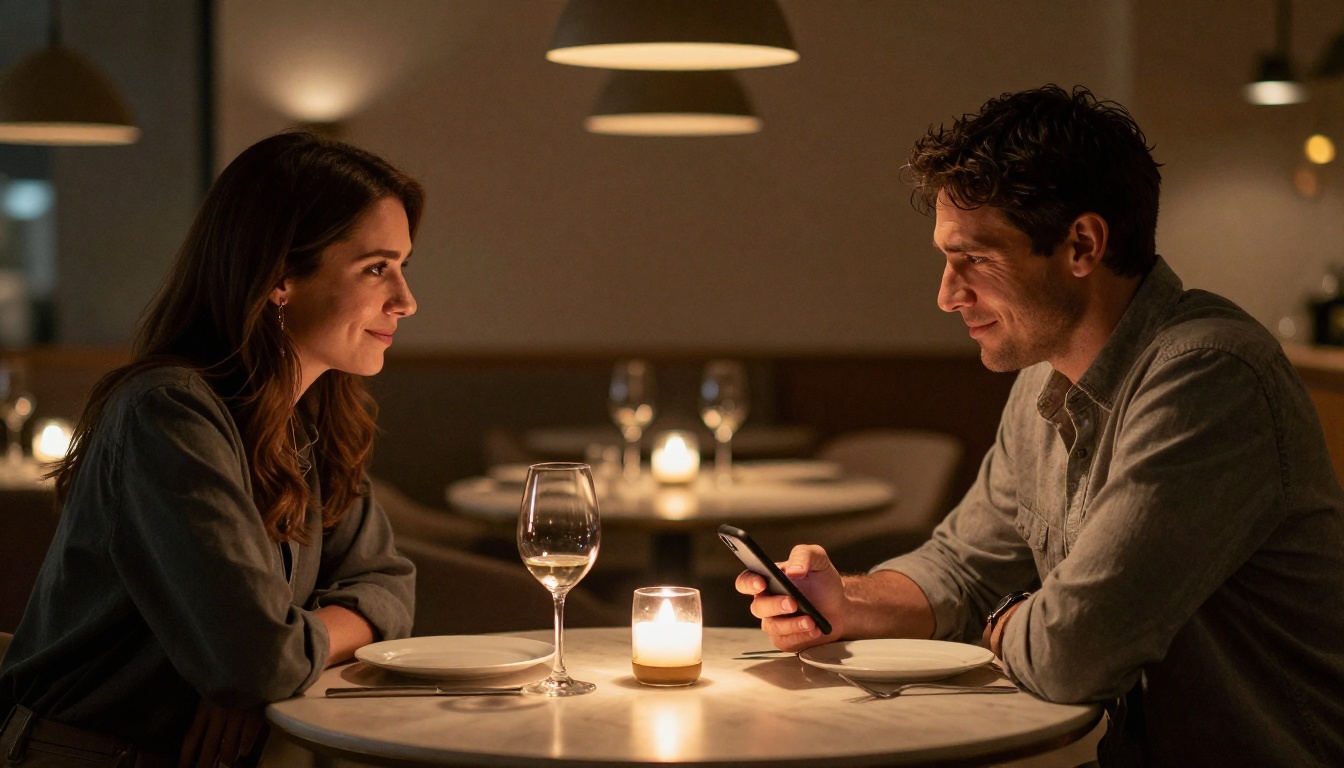 A man and woman on an awkward first date in a restaurant, politely forced smiles, warm amber lighting