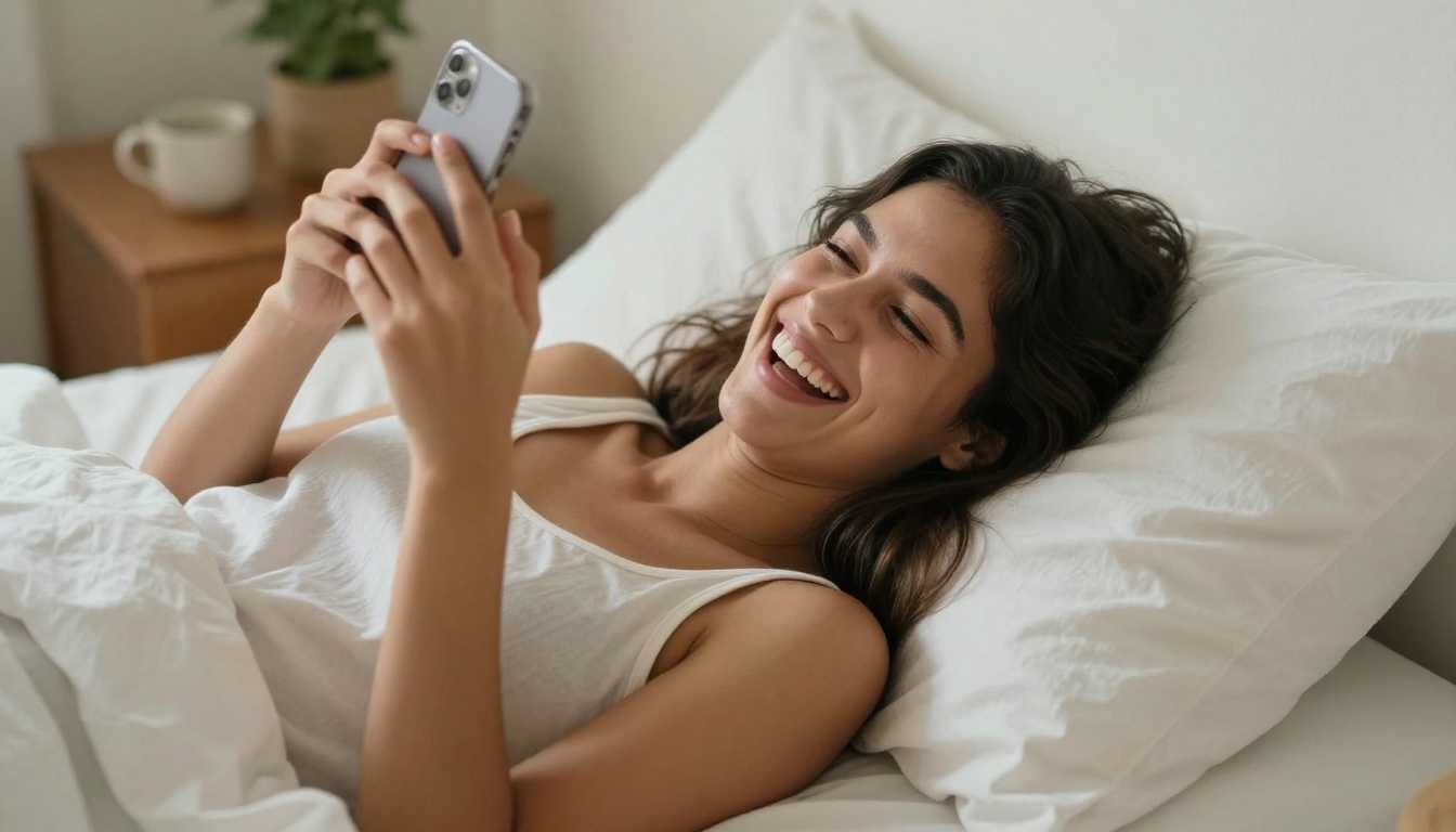 A woman lying on her bed laughing genuinely while holding her phone, morning light, candid joy