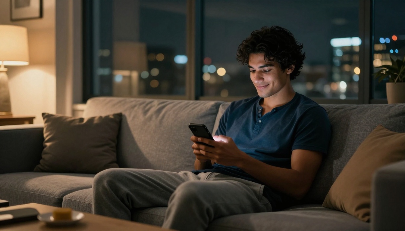 A young man relaxing on a modern couch with his phone, content half-smile, warm city light bokeh background