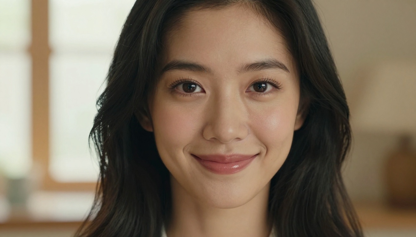 Close-up portrait of a beautiful Asian woman with warm eyes looking directly at the camera, natural glow, soft bokeh