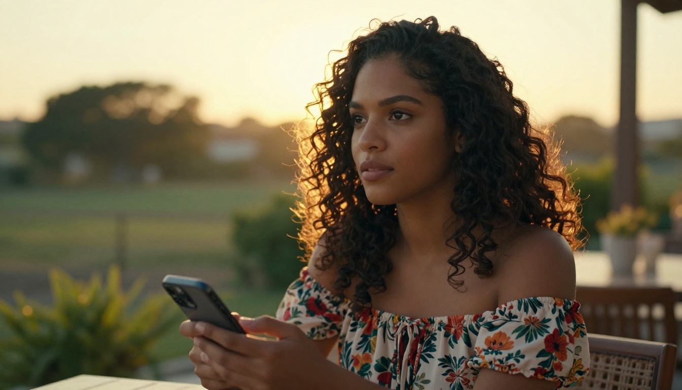 A captivating Latina woman on a sunlit terrace at golden hour, contemplative expression, warm backlight creating a natural halo