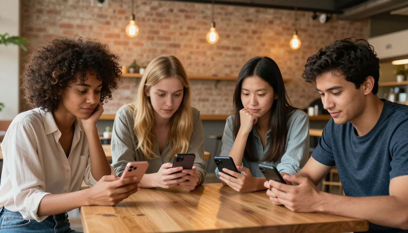 A diverse group of young adults in a bright coffee shop each on their phones, warm Edison bulb lighting, wide aerial angle