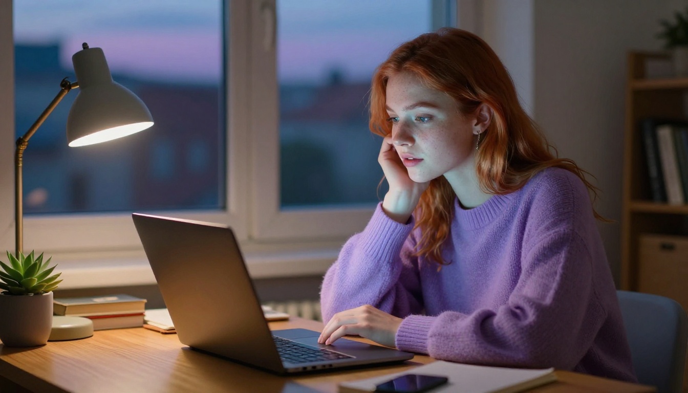 A young European woman at a desk by a twilight window, absorbed by her laptop screen, soft blue and amber contrast