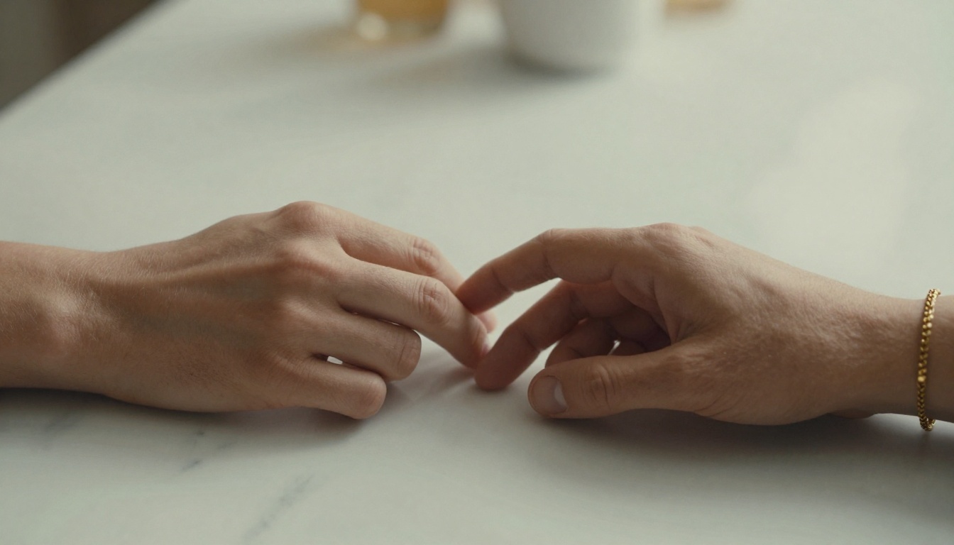 Close-up of two hands almost touching over a white marble surface, symbolic intimacy, macro lens, soft morning light