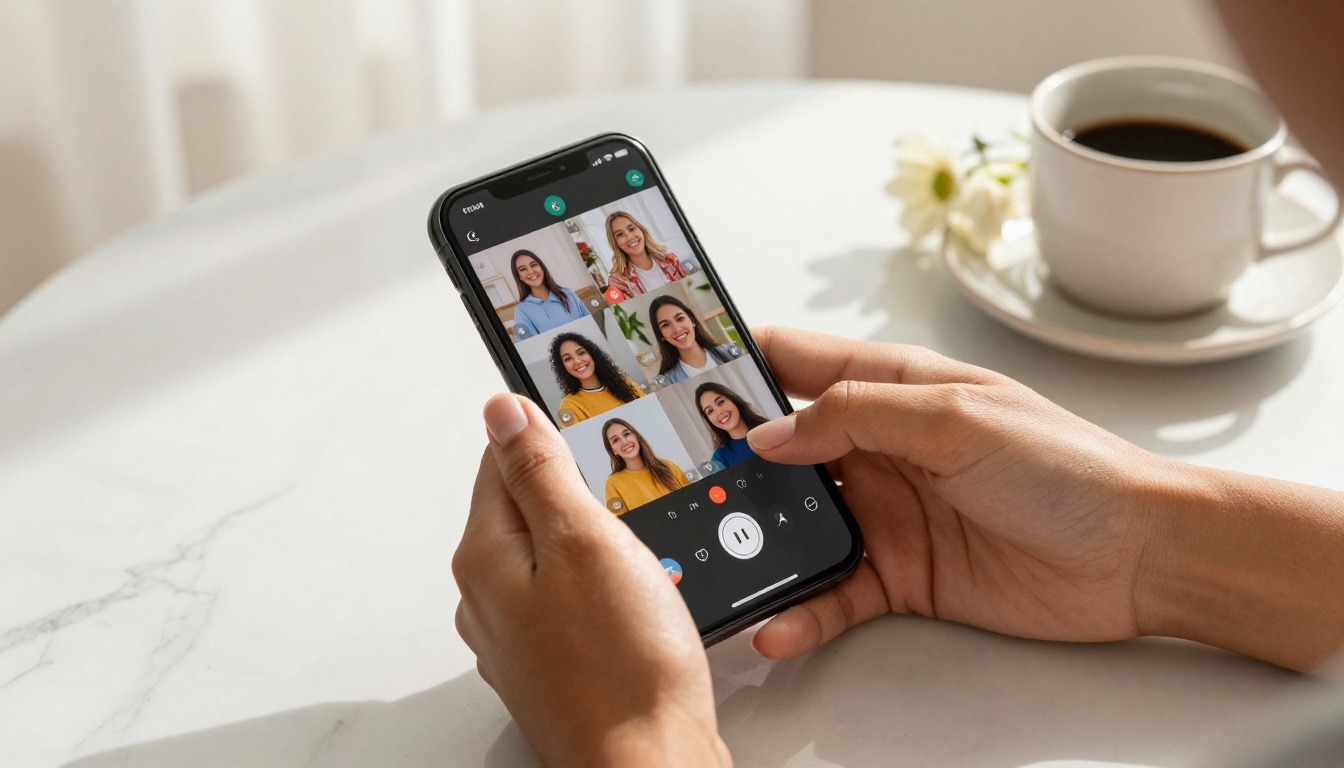 Hands holding a smartphone showing a live video streaming interface on a white marble table