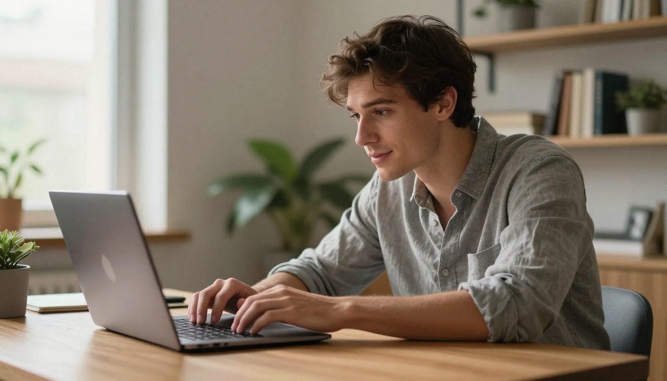 A man leaning forward at a minimalist wooden desk engaged in a warm video call with an AI companion on his laptop