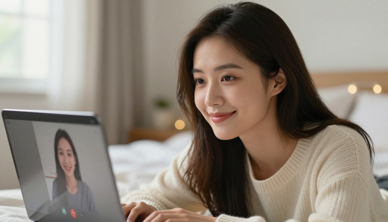 A beautiful Asian woman having an intimate and focused video call experience on her laptop in a warmly lit bedroom