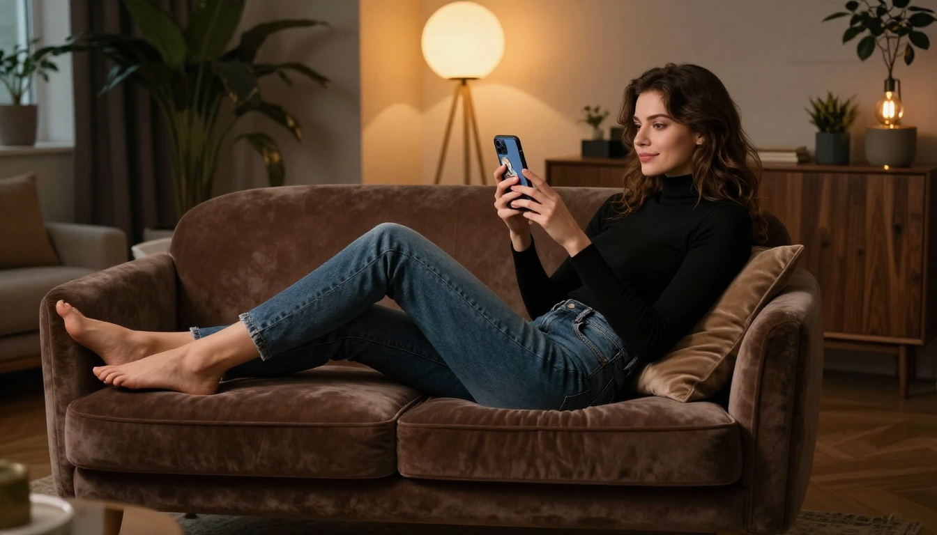 A stylish woman relaxing on a velvet armchair in a warmly lit living room having a comfortable video chat on her phone