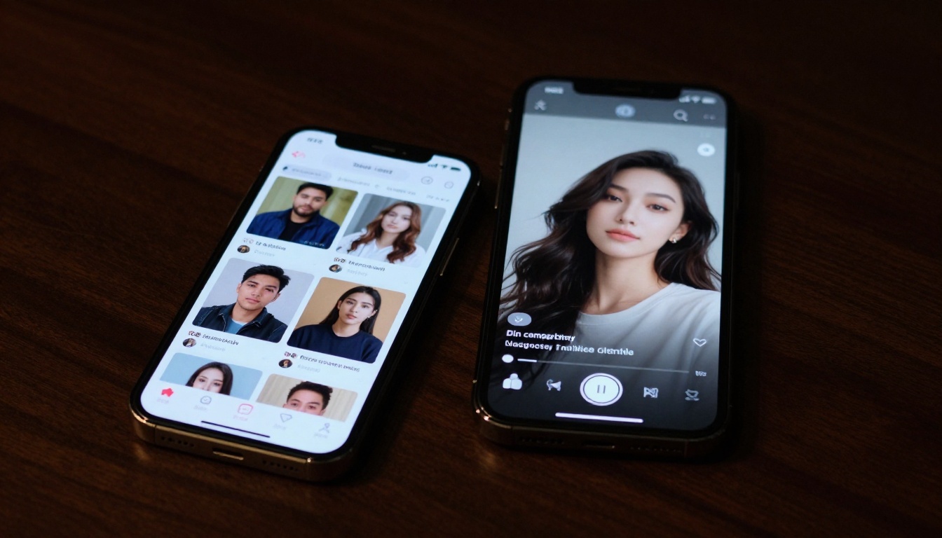 Two smartphones placed side by side on a dark walnut table showing a live streaming app vs an AI companion video call interface