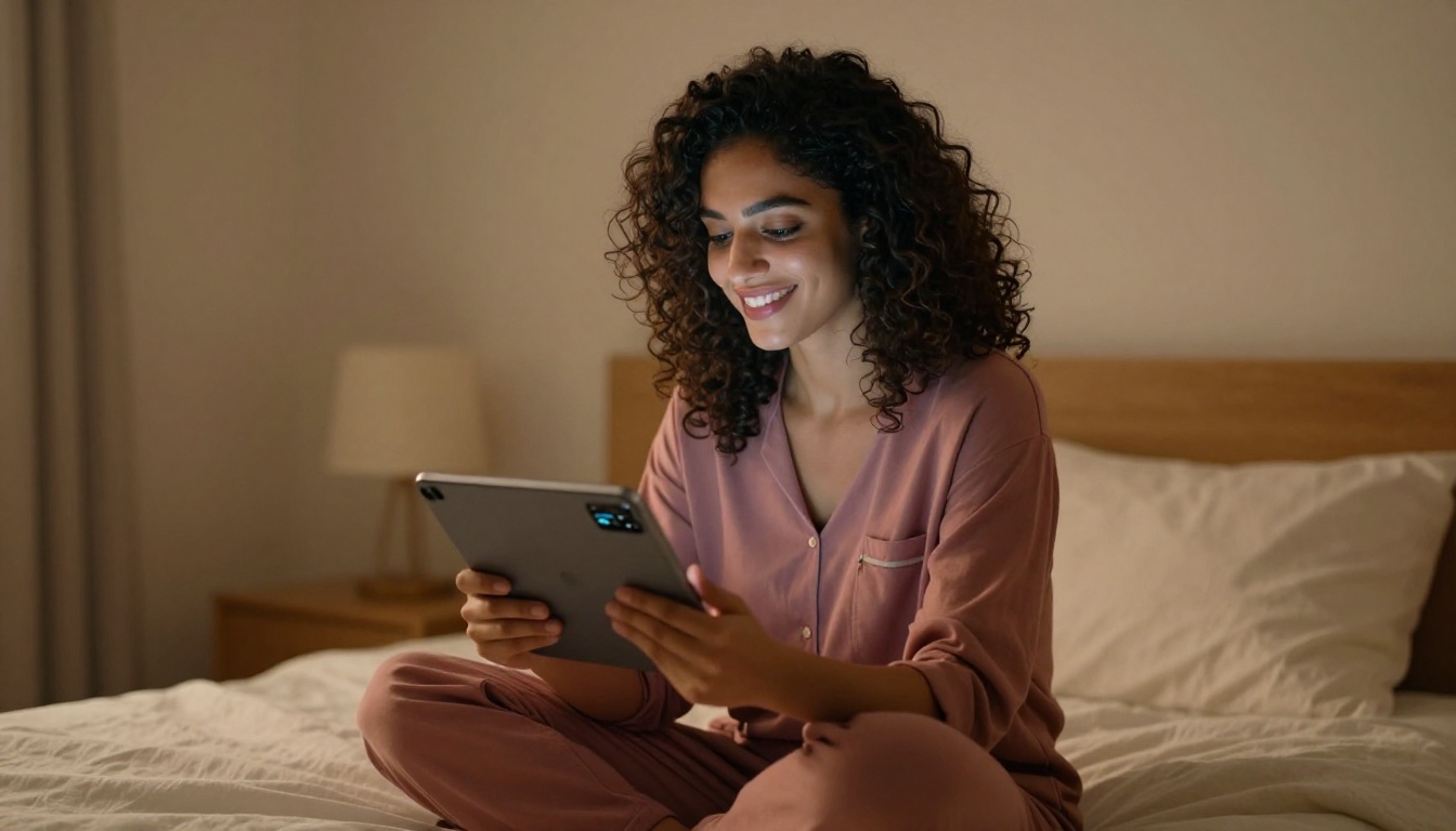 A beautiful Middle Eastern woman relaxed on white linen bedding using a tablet for AI companion interaction