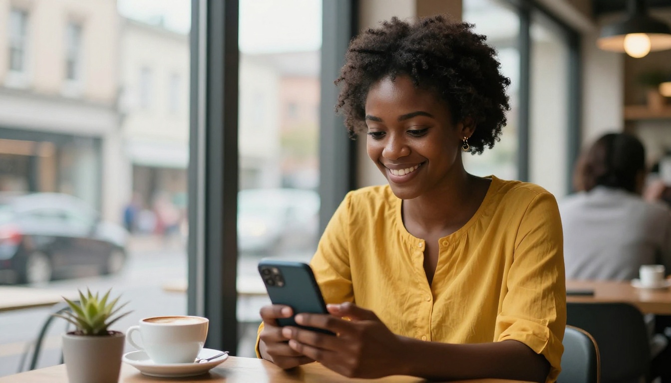 A young African woman smiling genuinely at her phone while having a pleasant video call at a sunlit cafe window