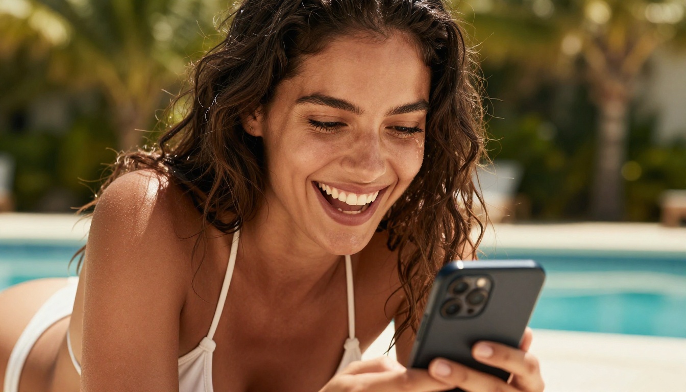 A beautiful Latina woman laughing genuinely at her phone screen while relaxing by a pool in golden sunlight