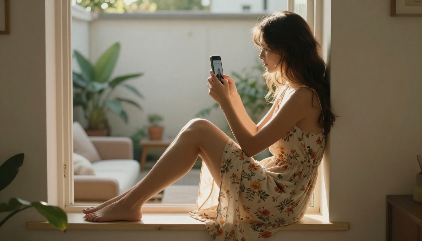A woman sitting on a bright window ledge in a sunny apartment holding a phone showing her AI companion app
