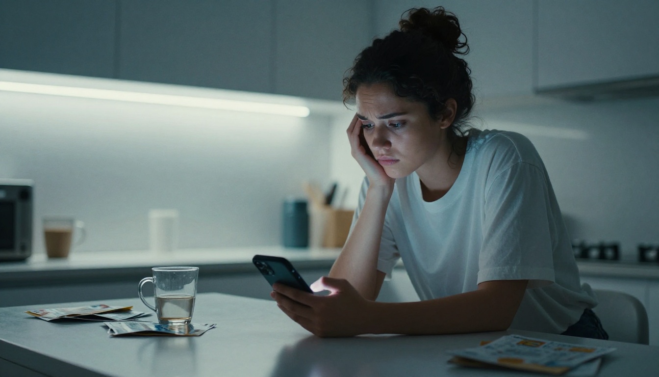 frustrated woman scrolling dating app late at night