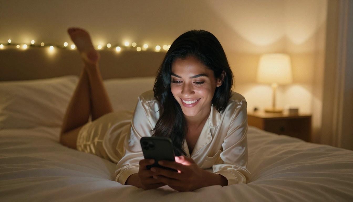 Latina woman smiling genuinely while chatting on phone in cozy bed