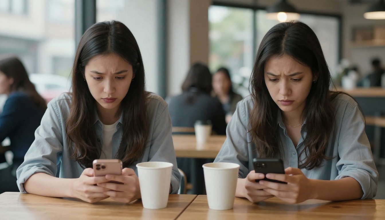 Two women at a coffee shop on their phones instead of talking