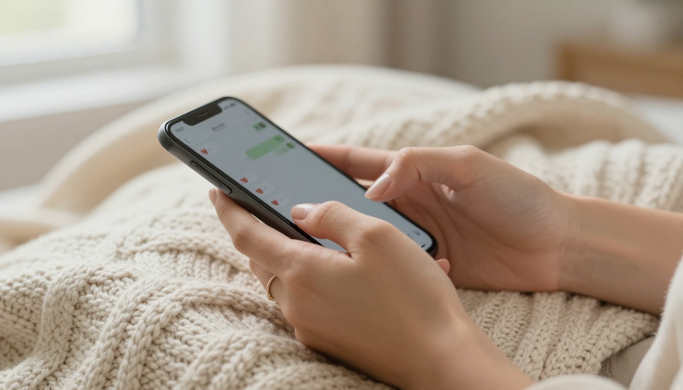 hands holding phone on cozy knit blanket