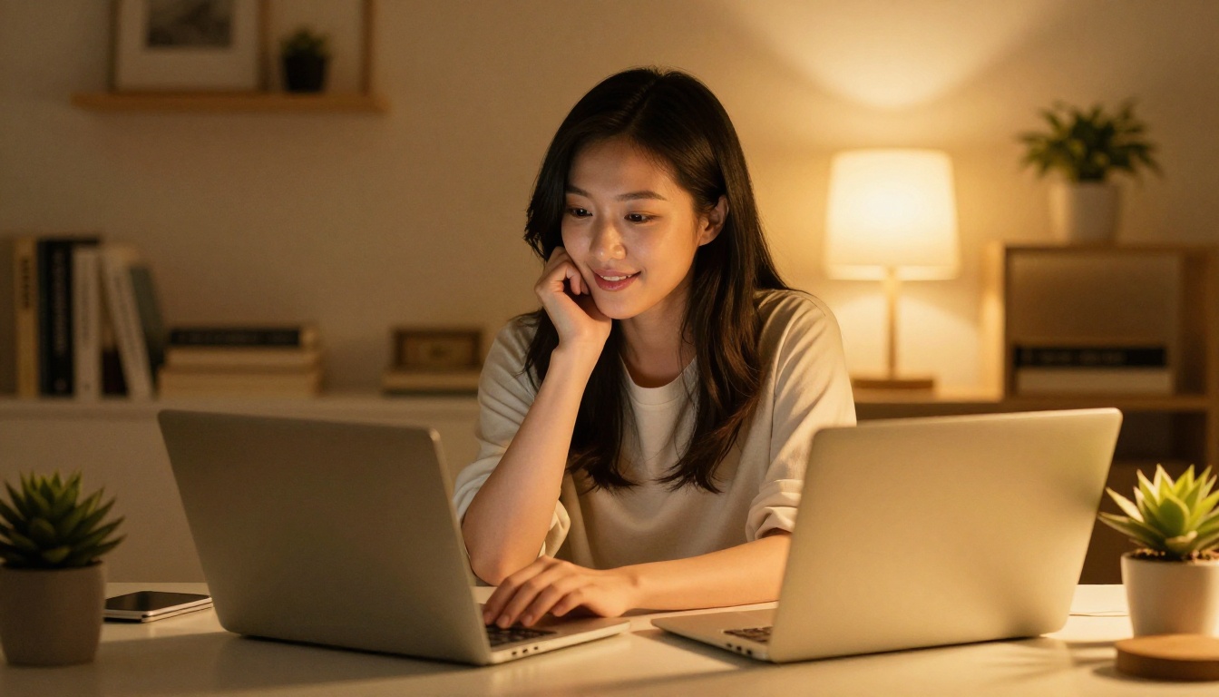 East Asian woman engaged in meaningful AI conversation at her desk