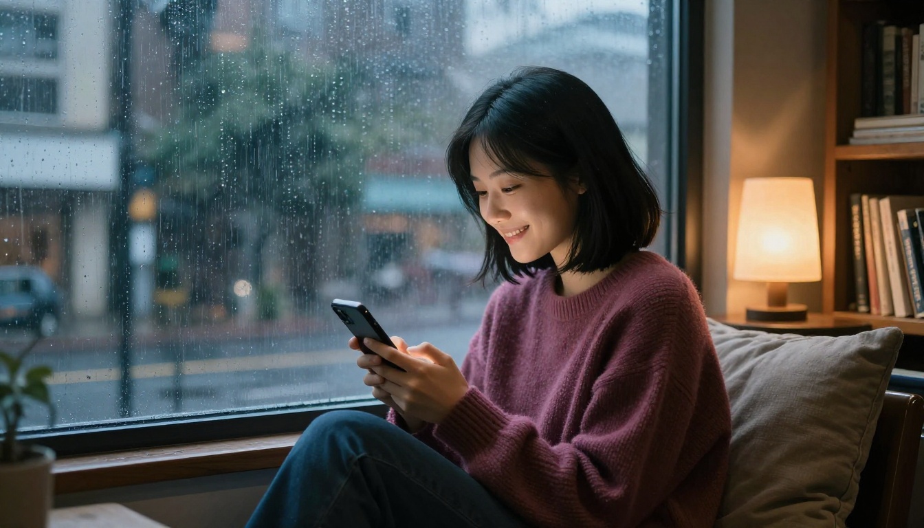 Asian woman sitting peacefully by rainy window reading messages