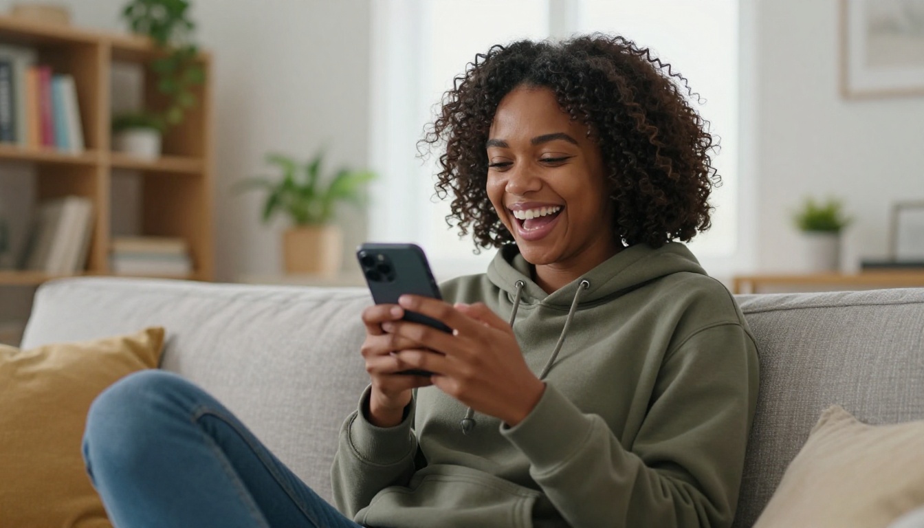 Young Black woman laughing joyfully at her AI companion