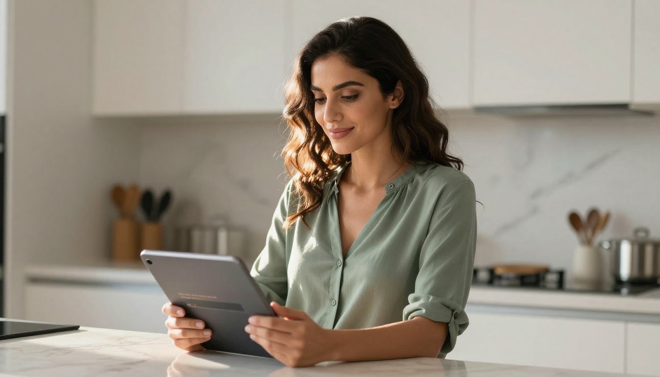 Middle Eastern woman with tablet companion in morning kitchen light