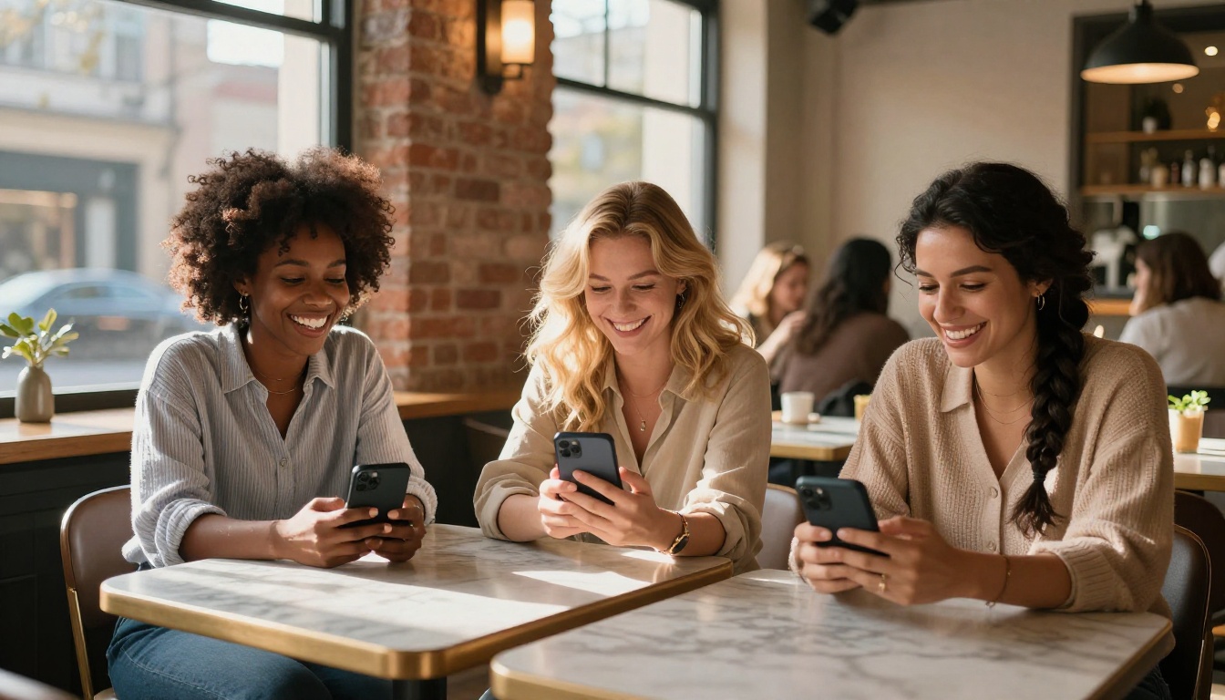 three diverse women laughing at cafe each on their phones