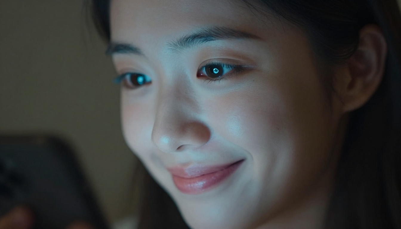 Woman's face illuminated by soft phone screen glow in a dark room