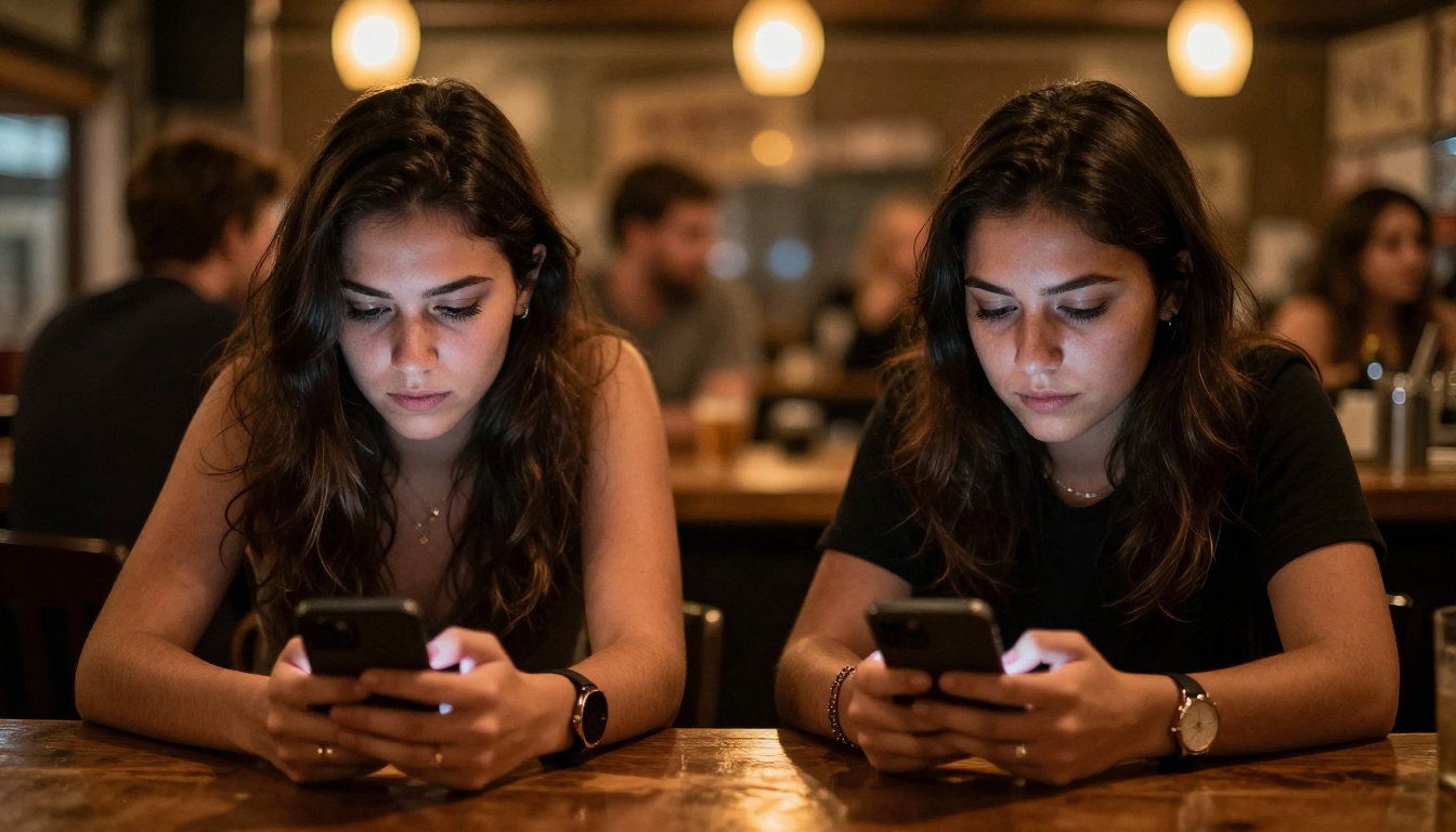 Two friends at a bar both scrolling their phones separately