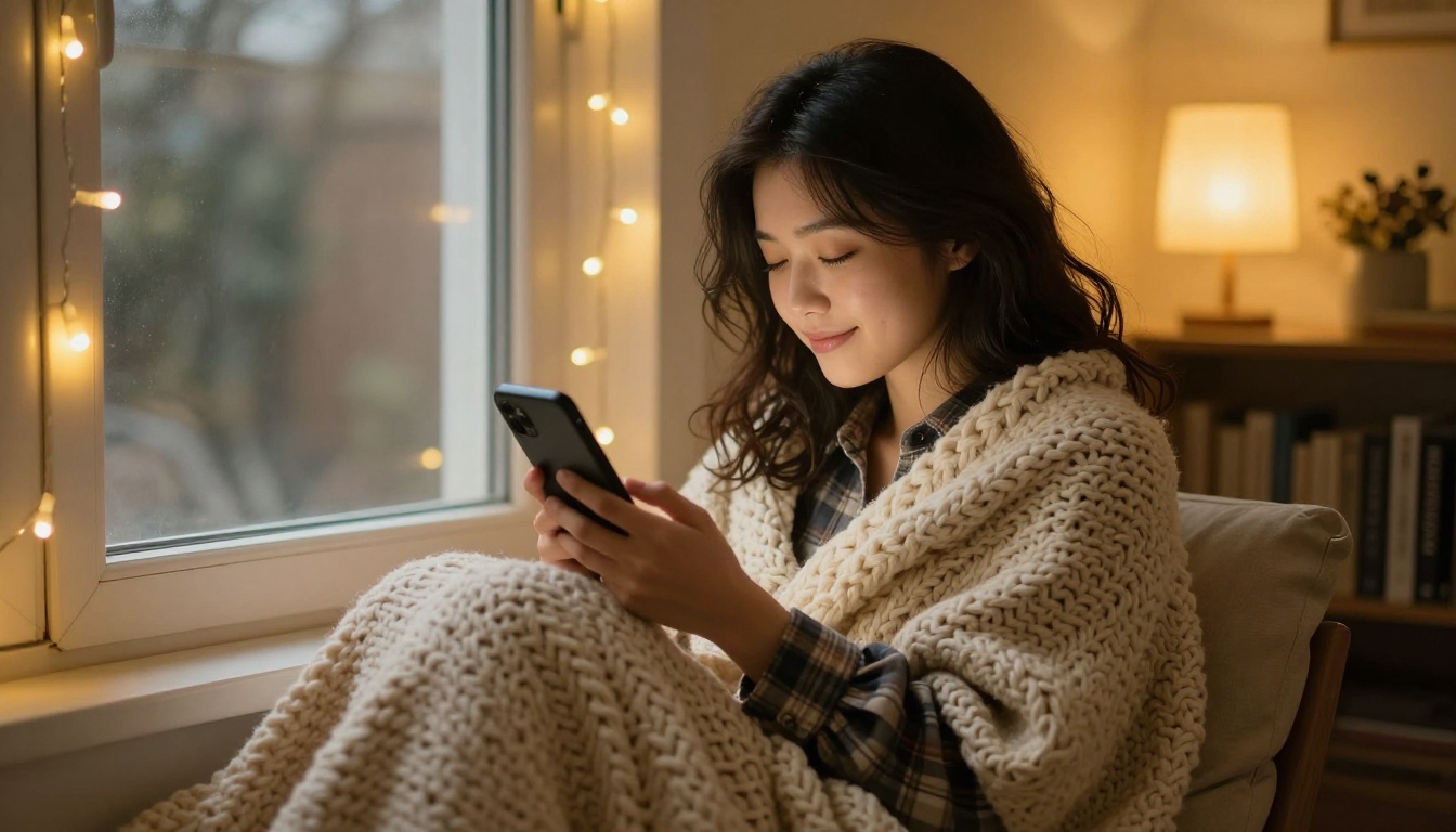 Japanese-American woman peaceful and content with her phone in a cozy nook