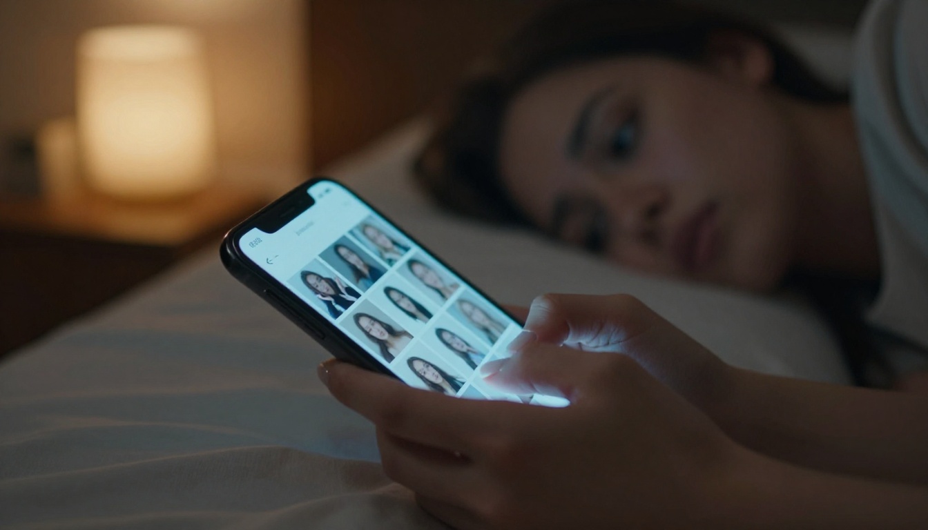 Swipe fatigue - hand scrolling through endless profiles on a glowing phone screen