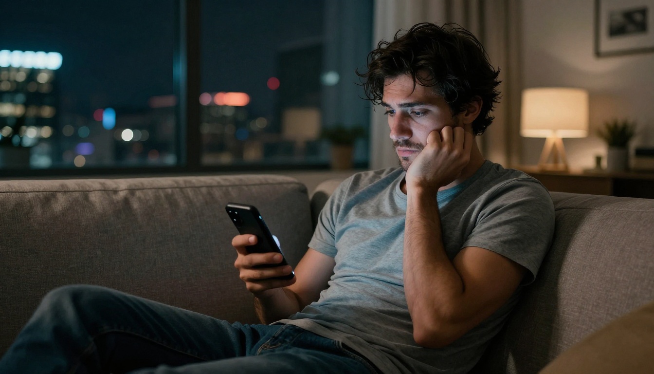 Man staring at phone showing empty matches inbox in a dark urban apartment