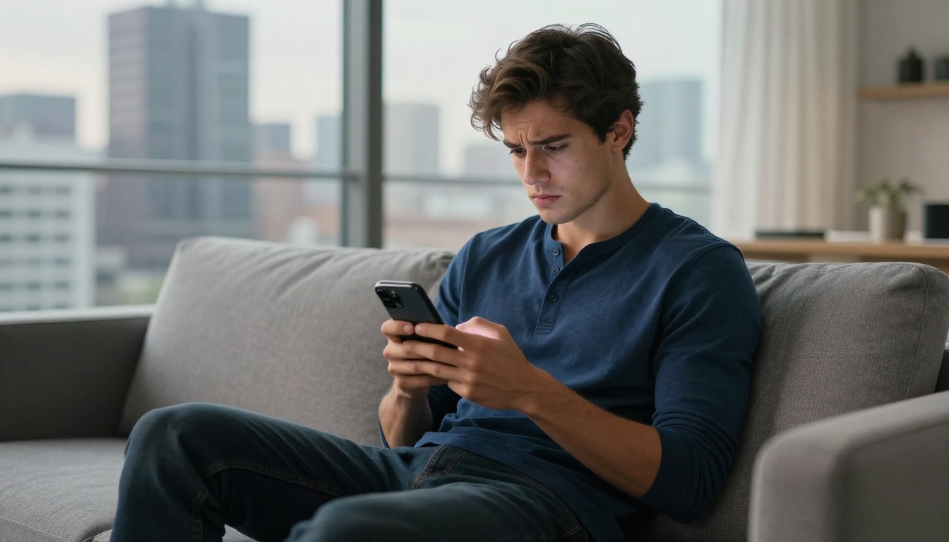 Man sitting on modern sofa looking at dating app with low token balance