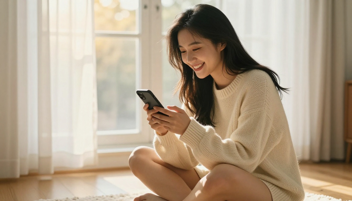 Beautiful Asian woman smiling warmly at her phone in golden morning light