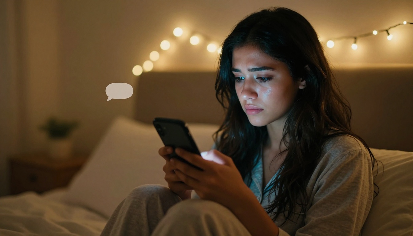 Latina woman sitting cross-legged on her bed staring at an unanswered message with fairy lights behind her