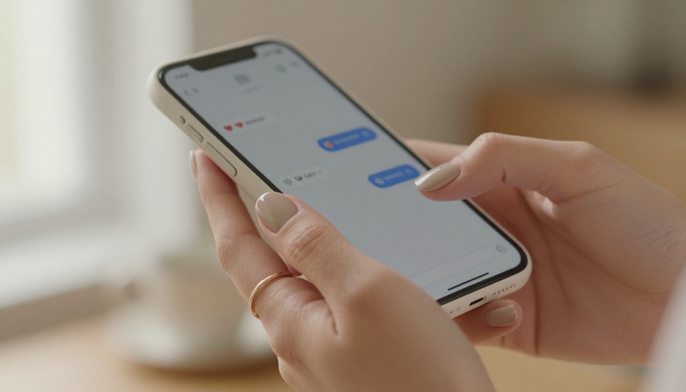 Close-up of elegant hands holding smartphone with chat bubbles visible on screen