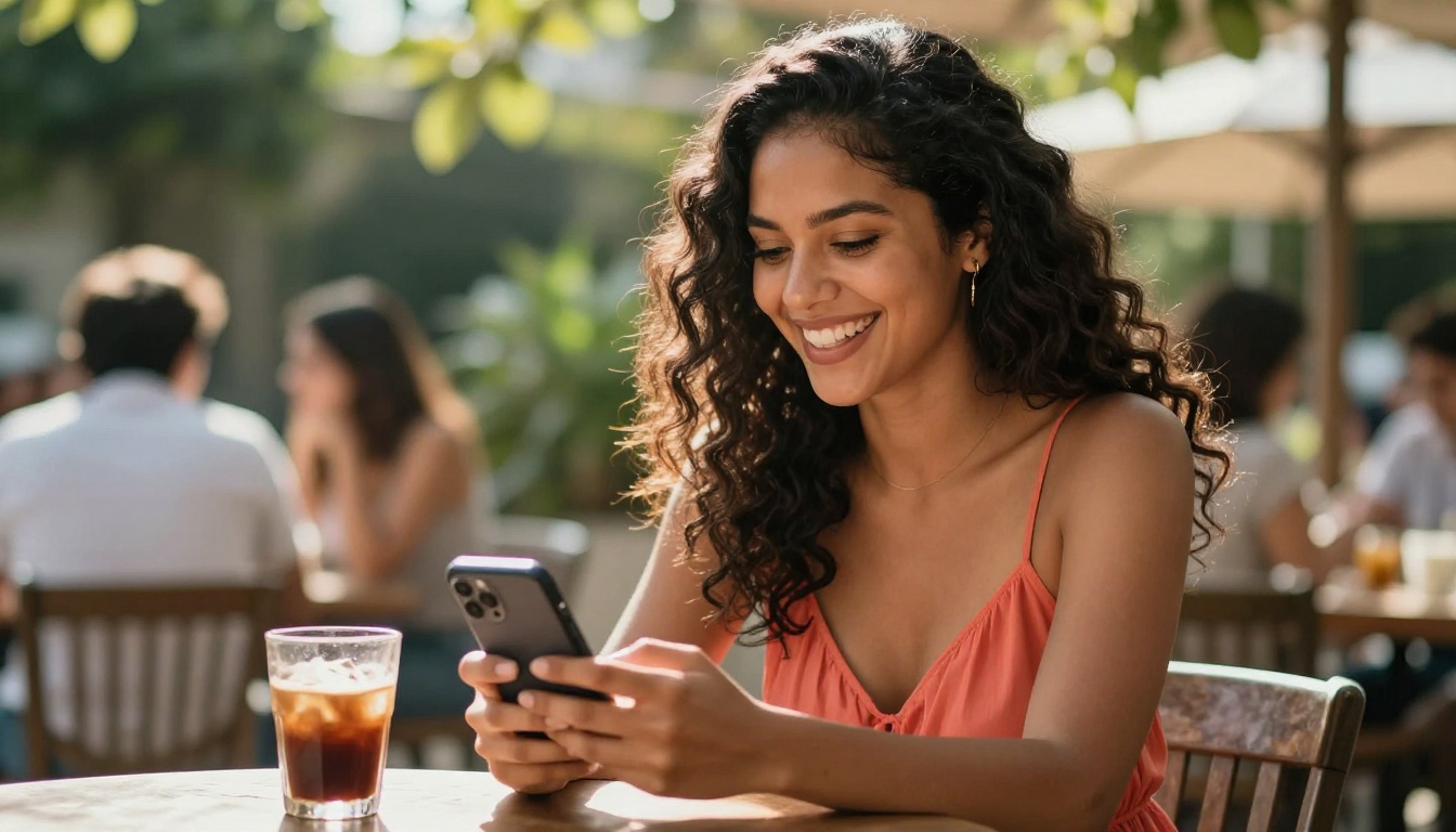 Beautiful Latina woman at outdoor café table laughing at her phone in bright sunlight