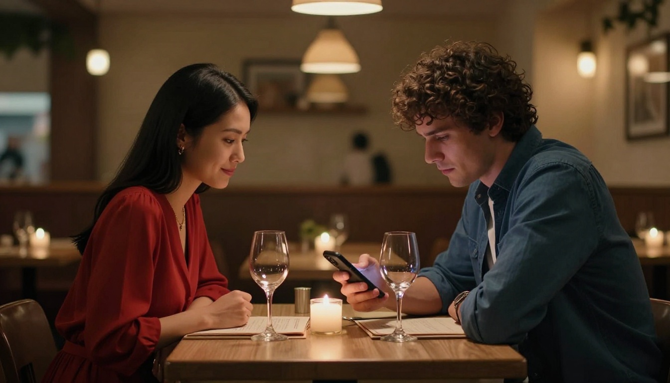 Awkward first date between two young people at a restaurant, visibly disconnected despite sitting together