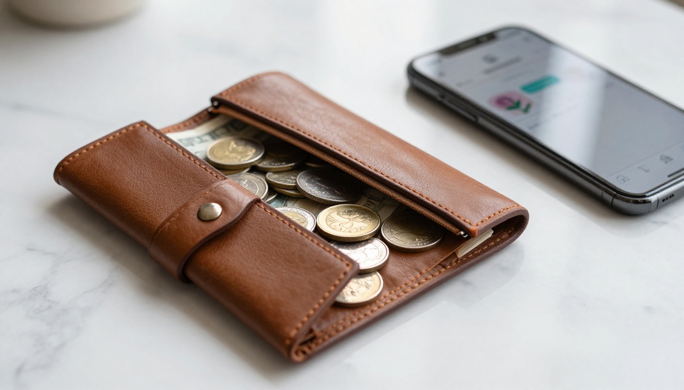 Open wallet with cash beside smartphone showing dating app purchase screen on marble table