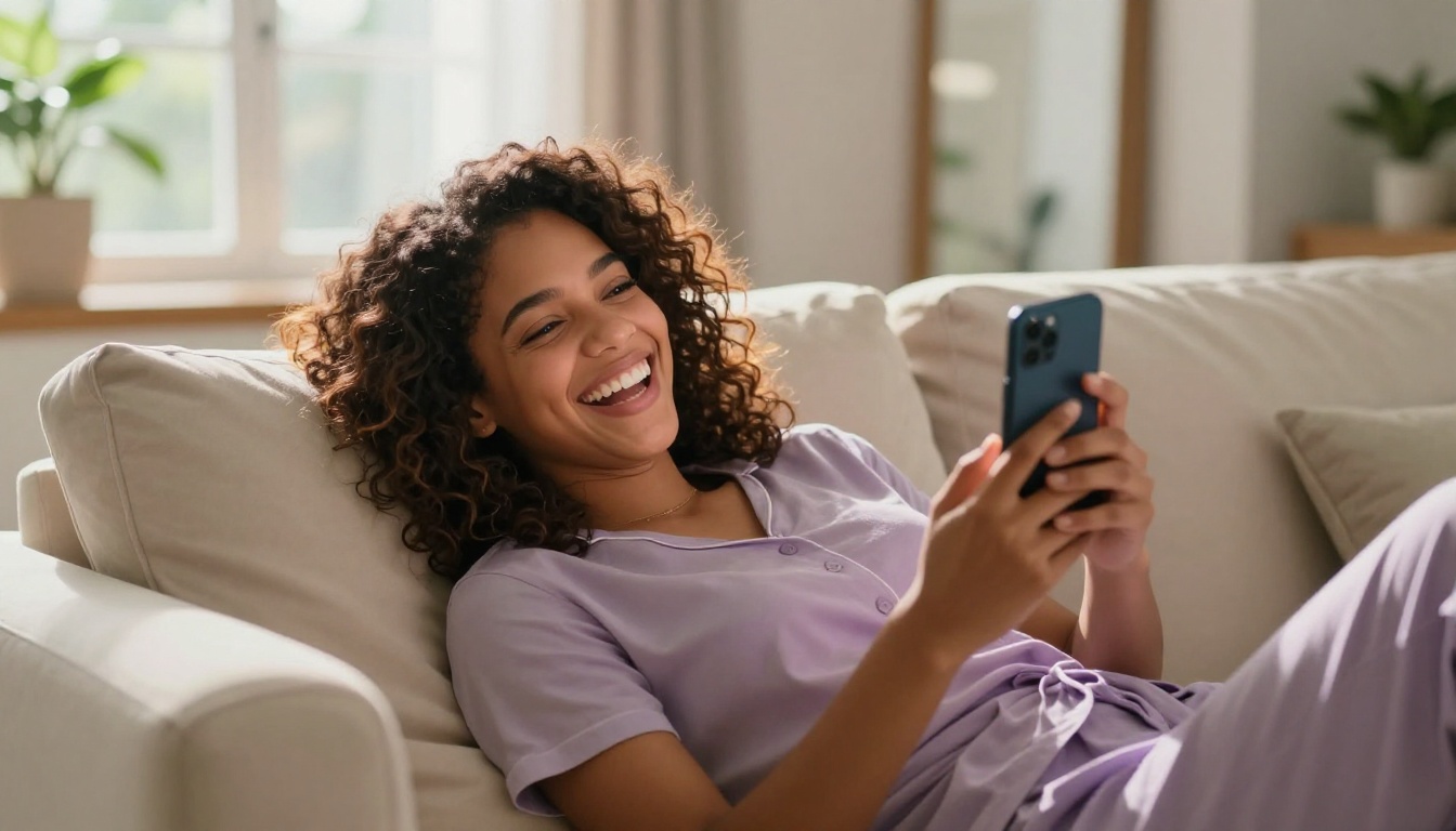 Radiant woman with natural curly hair laughing genuinely while chatting on her phone, lying on a cream sofa
